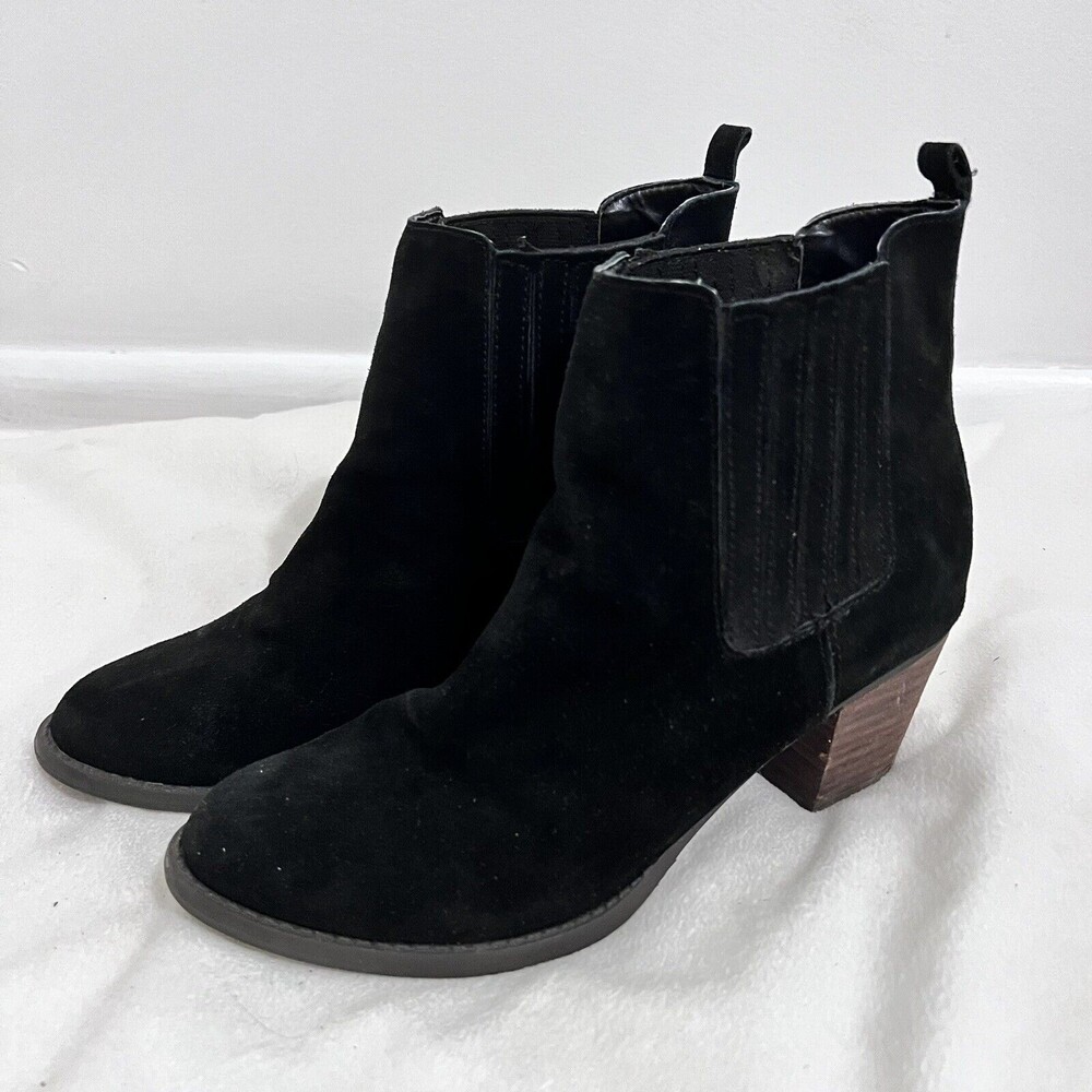 American Eagle Black Cow Suede Leather Chelsea Ankle Boots Size 10 Block Heels